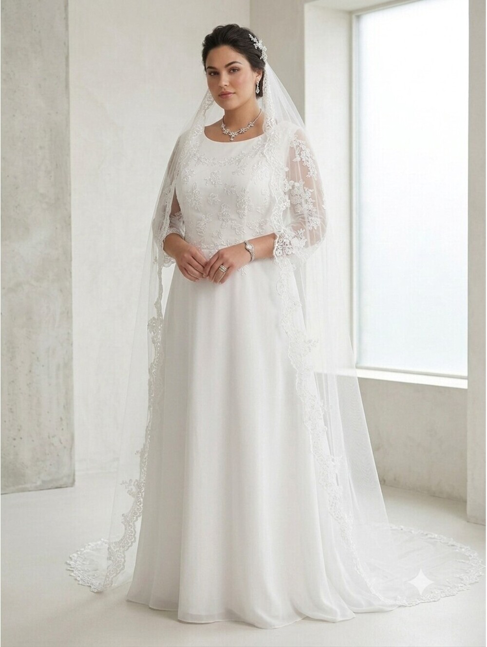 Elegant White Chiffon Wedding Dress 20 Floral Lace Applique Long Sleeve...
